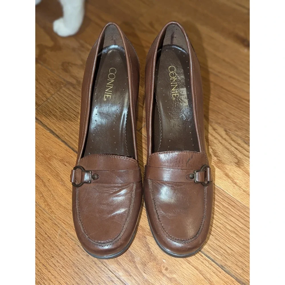 90s Dark Academia Loafer Heels Brown Leather Connie Womens 10M Y2K Kylie Pumps